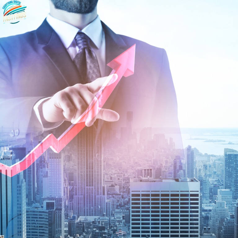 Businessman pointing at a rising graph with a city skyline in the background.